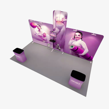 6m exhibition booth with tall narrow brand tower beside a straight fabric wall