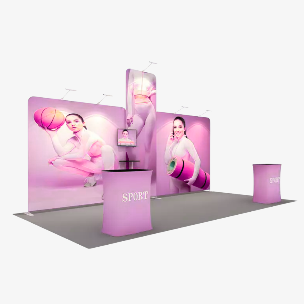 Tall tension fabric exhibition tower with printed graphic