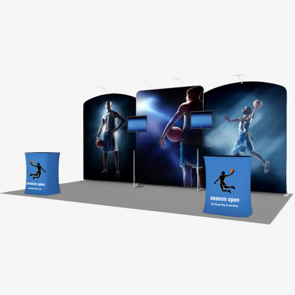 6m exhibition booth with arched side panels sweeping up from a straight centre wall