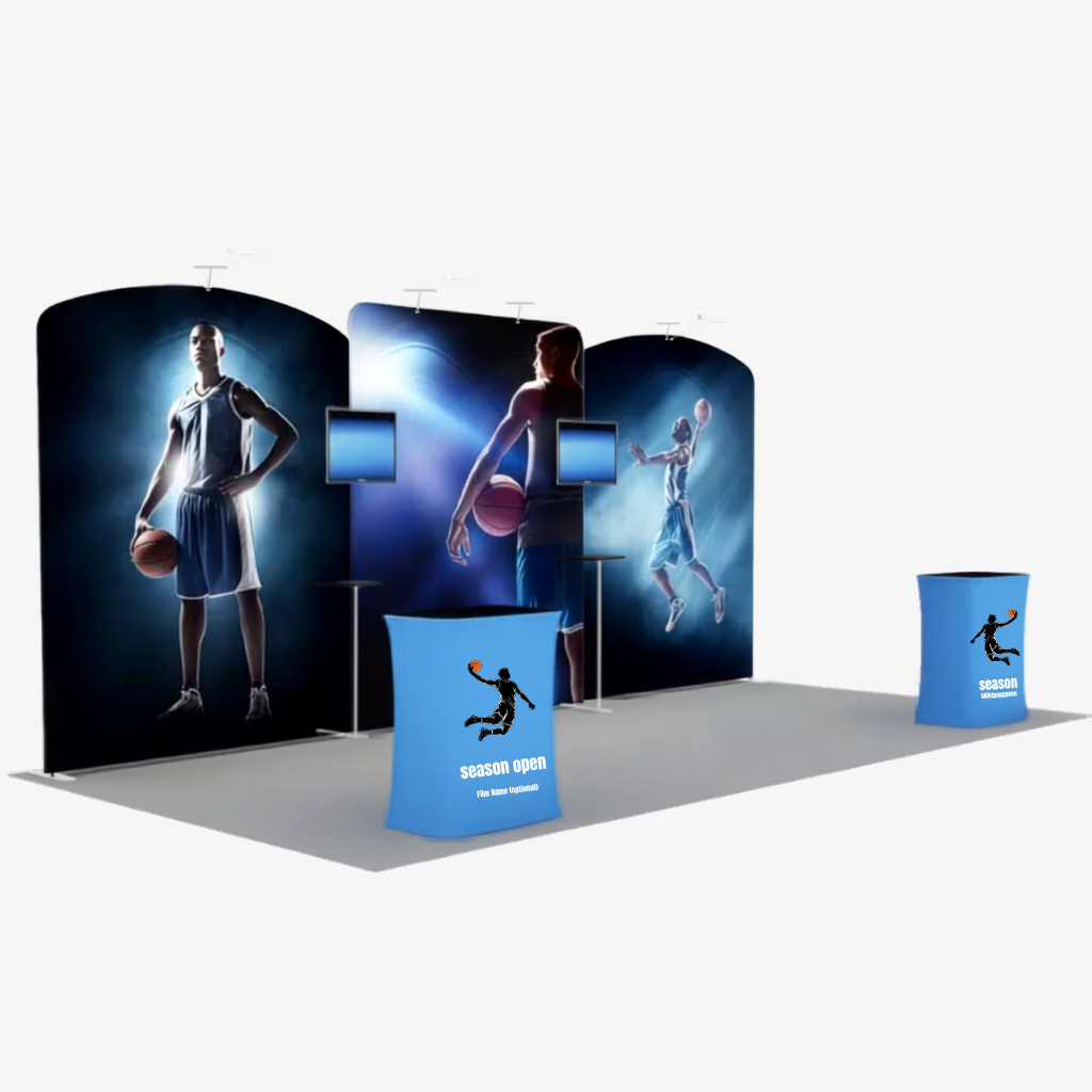 Rampant arch tension fabric exhibition panel with printed graphic