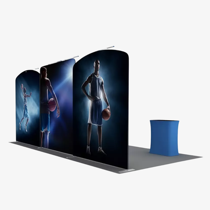 Portable 6x3 trade show stand with twin display counters and shelf stands