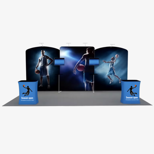 6x3 arched fabric exhibition stand with twin rampant arches and two counters — Ascent by Wild Cow Visual