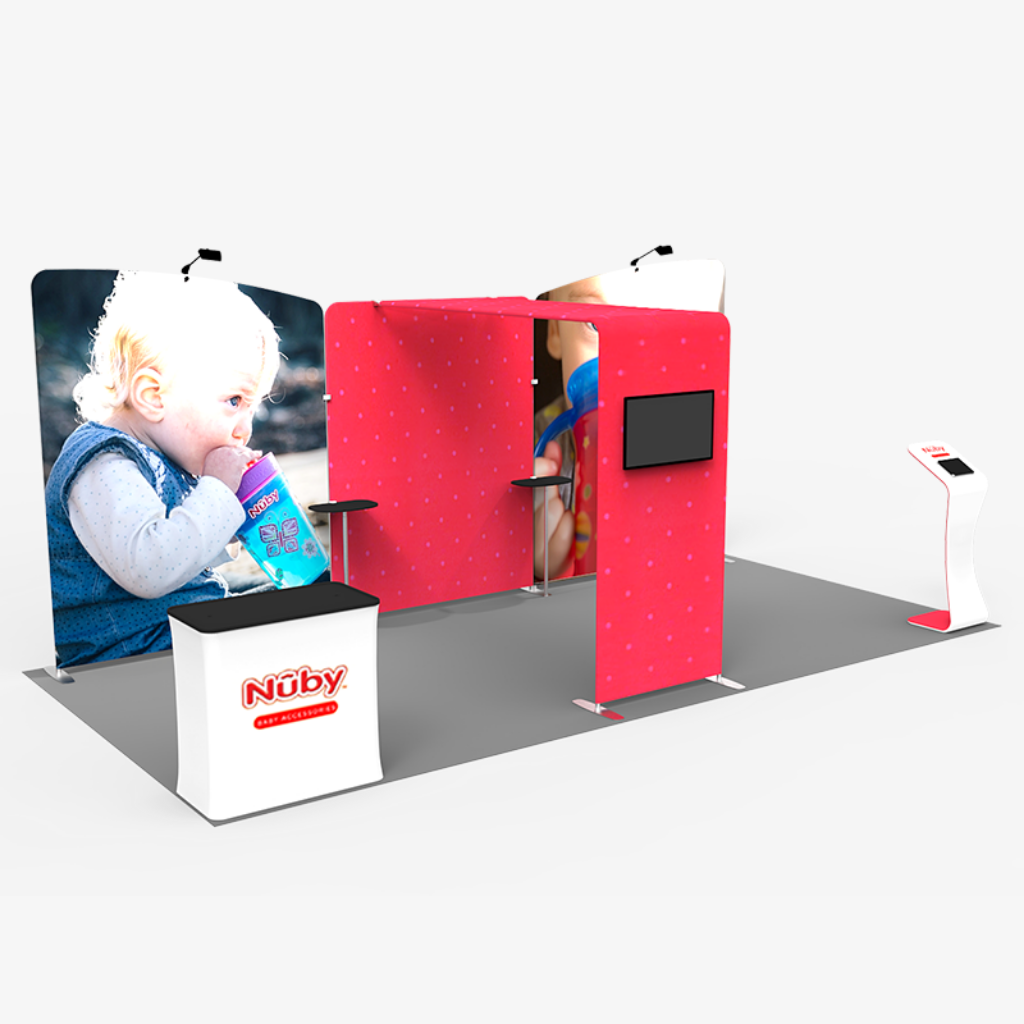 6x3 fabric exhibition stand with L-shaped corner return and two counters — Pivot by Wild Cow Visual