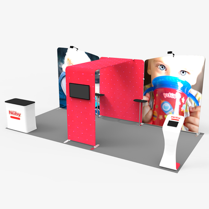 Tension fabric exhibition wall with printed graphics and twin display counters