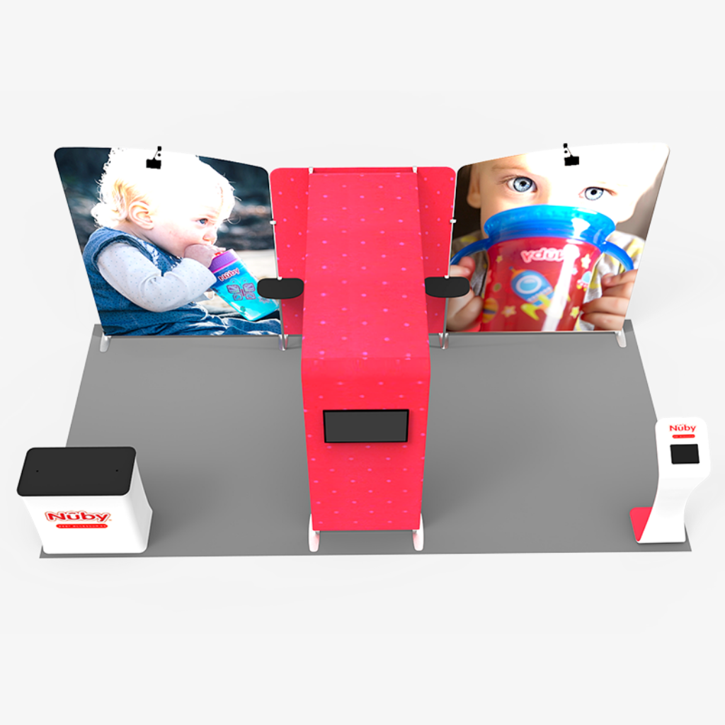 Portable 6x3 trade show stand with shelf stands and spotlights