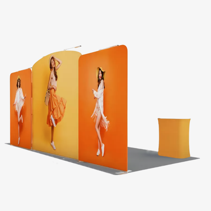 Portable 6x3 trade show stand with twin display counters and shelf stands
