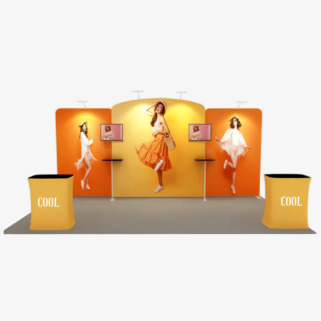 6x3 fabric exhibition stand with curved-top centre panel and two counters — Meridian by Wild Cow Visual