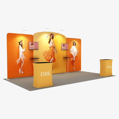 Curved top tension fabric exhibition panel with printed graphic