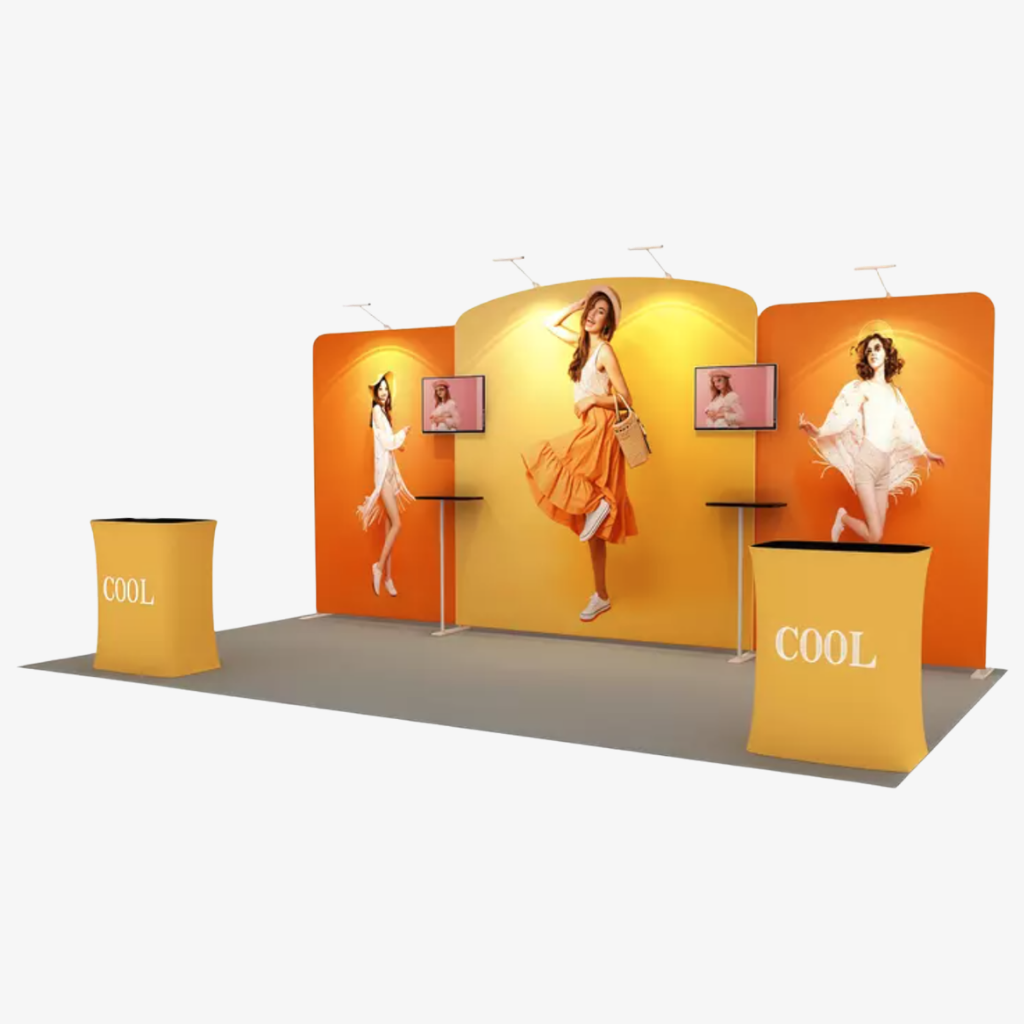 6m exhibition booth with wide curved centre panel flanked by straight side panels