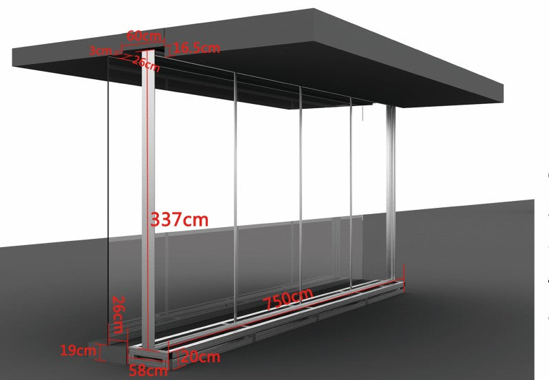Set-out diagram from the installation manual: 750cm x 337cm face into a 60cm ceiling recess