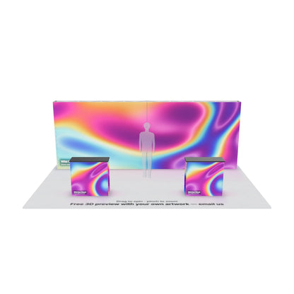 6x3 SEG backlit pop up straight exhibition stand with printed 6m wall and two lit counters — 3D model: drag to spin, pinch to zoom