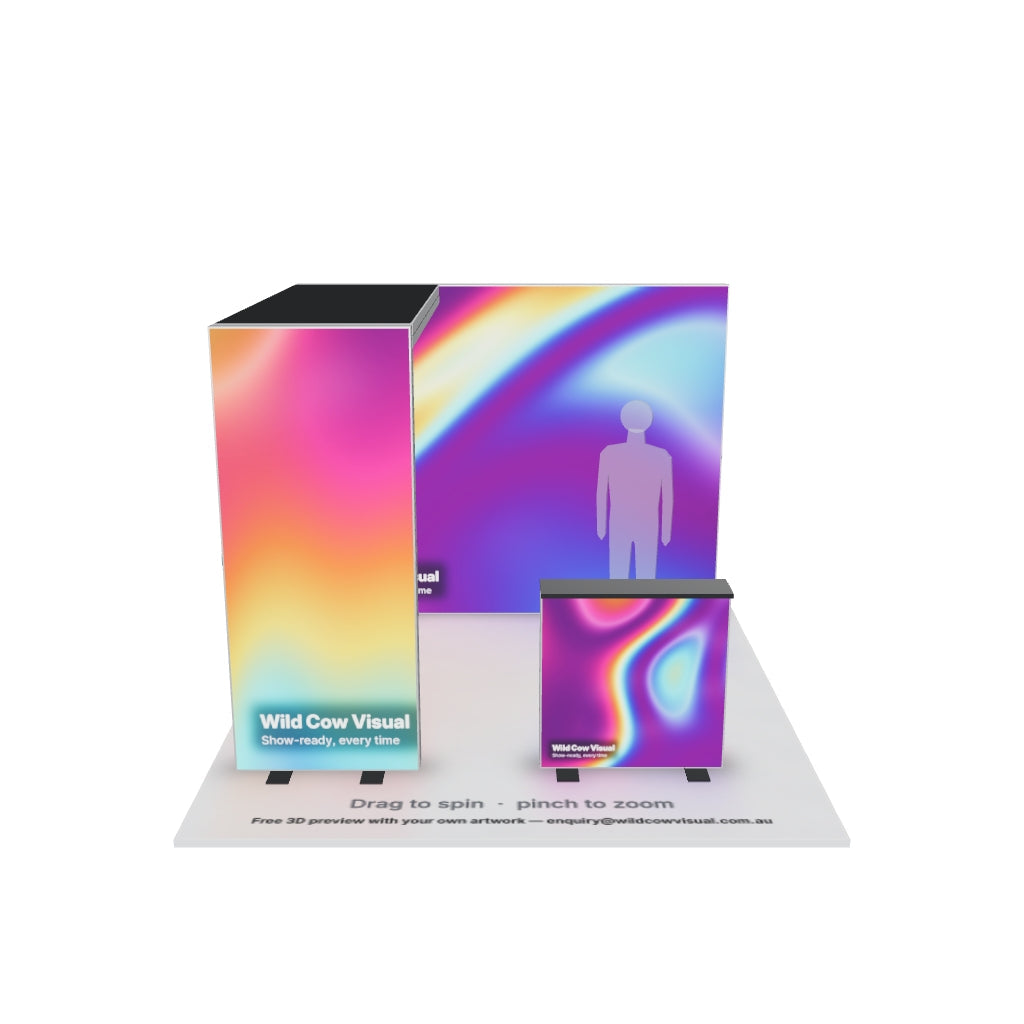 3x3 Sky Arch SEG backlit lightbox exhibition stand kit with printed graphics and counter — 3D model: drag to spin, pinch to zoom