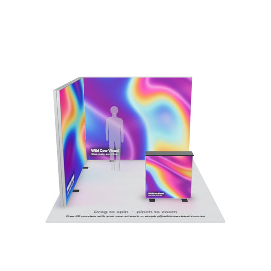 3x3 L-shape SEG backlit lightbox exhibition stand kit with printed graphics and counter — 3D model: drag to spin, pinch to zoom