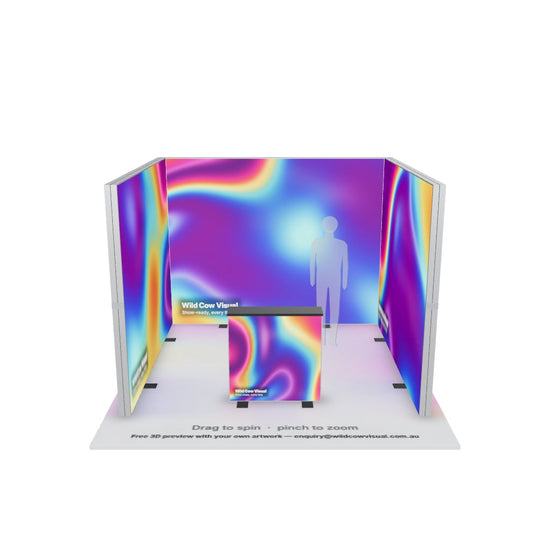 3x3 U-shape SEG backlit lightbox exhibition stand kit with printed graphics and counter — 3D model: drag to spin, pinch to zoom