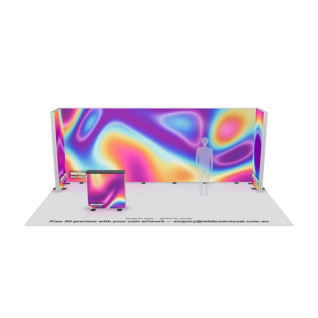 6x1 U-shape SEG backlit lightbox exhibition stand kit with printed graphics and counter — 3D model: drag to spin, pinch to zoom