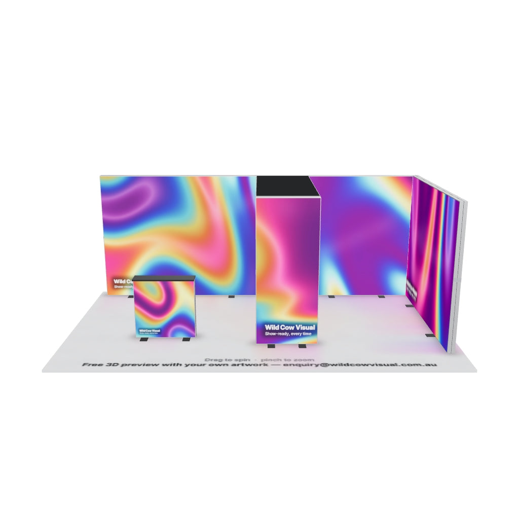 6x3 Sky Arch SEG backlit lightbox exhibition stand kit with printed graphics and counter — 3D model: drag to spin, pinch to zoom