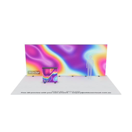 6m SEG backlit lightbox display with printed fabric graphic and counter — 3D model: drag to spin, pinch to zoom
