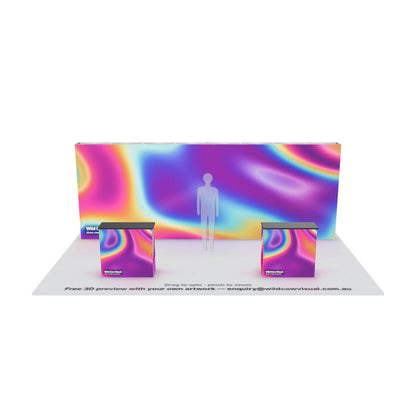 6x3 straight SEG backlit pop up exhibition stand kit with printed 6m back wall and lit counters — 3D model: drag to spin, pinch to zoom