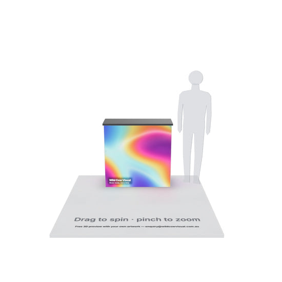 1m SEG backlit pop up counter with printed fabric graphic — 3D model: drag to spin, pinch to zoom