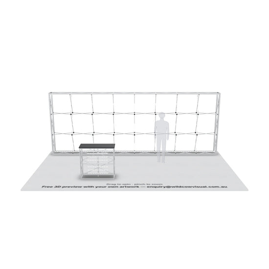 6m SEG backlit pop up media wall frame with LED bars, no fabric — 3D model: drag to spin, pinch to zoom