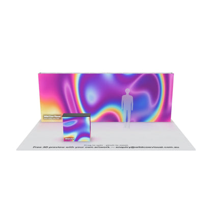 6m SEG backlit pop up media wall with printed fabric graphic and lit counter — 3D model: drag to spin, pinch to zoom