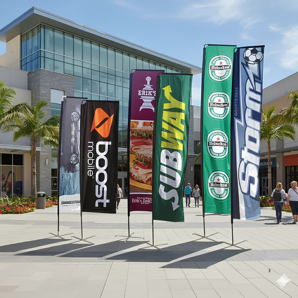 Rectangle flag banner with straight-edged fabric flying outdoors on a base