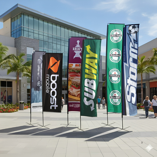 Rectangle flag banner with straight-edged fabric flying outdoors on a base