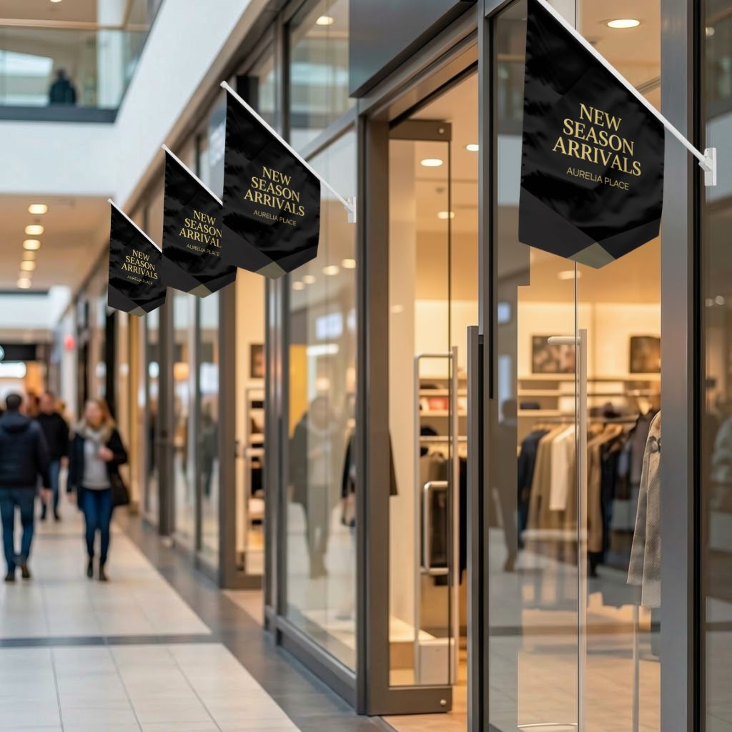 Black and gold wall mounted flags on angled brackets along a shopping centre walkway