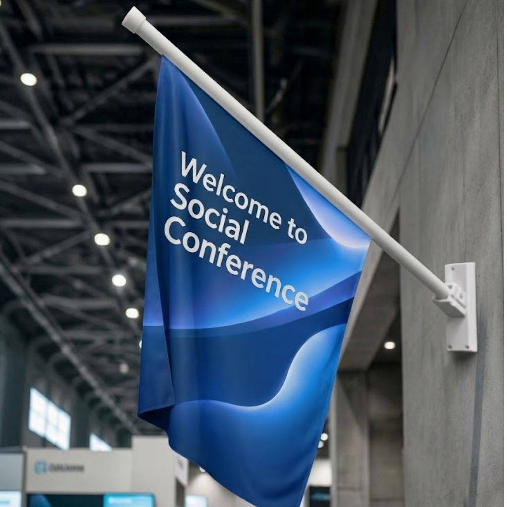 Blue double-sided wall mounted flag on an angled bracket, close-up