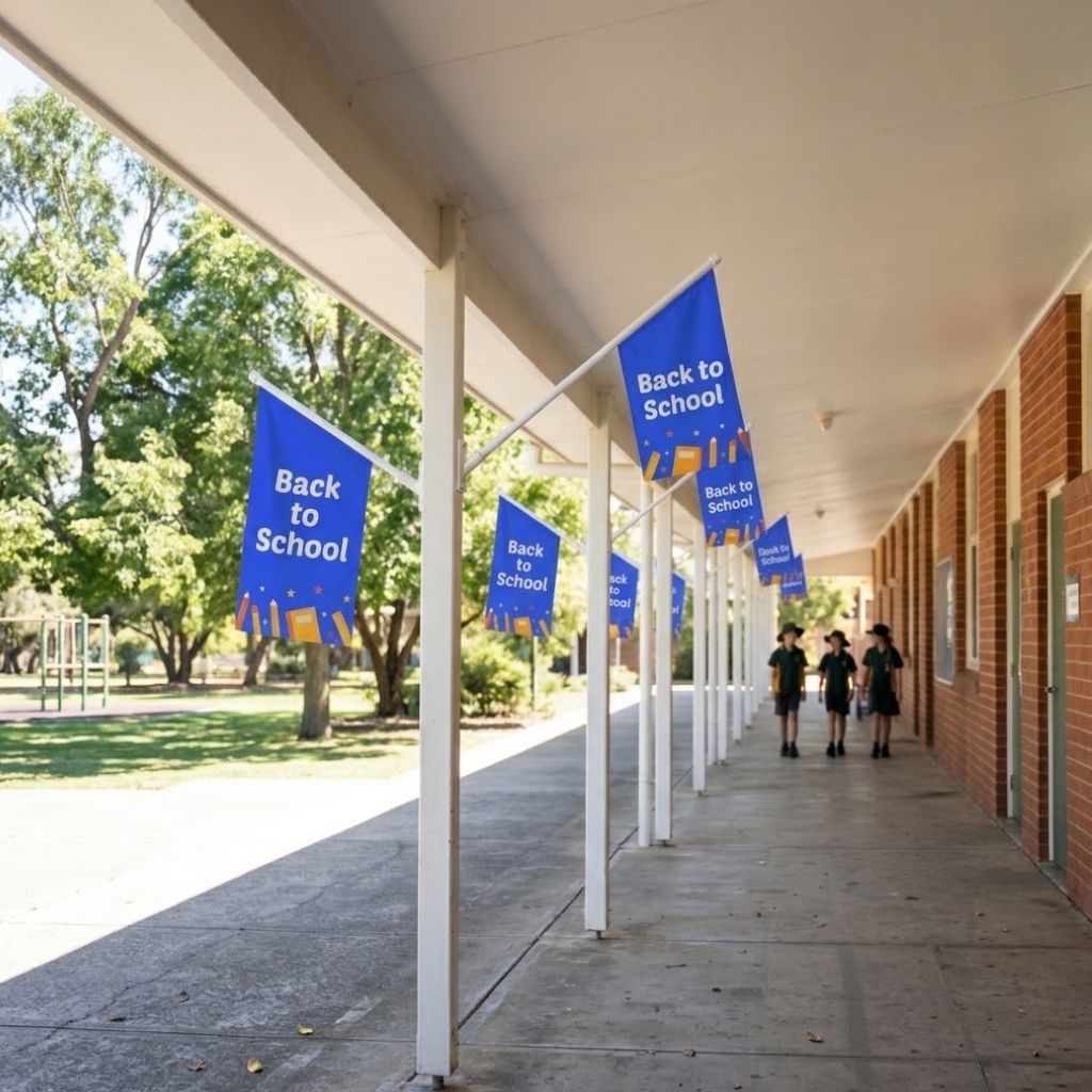Row of wall mounted flags along an outdoor covered walkway